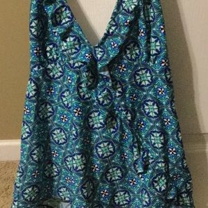 Turquoise and blue tankini top with ruffle detail